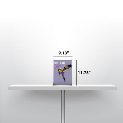 Compact tabletop banner stand with dance studio graphic for trade shows and special events