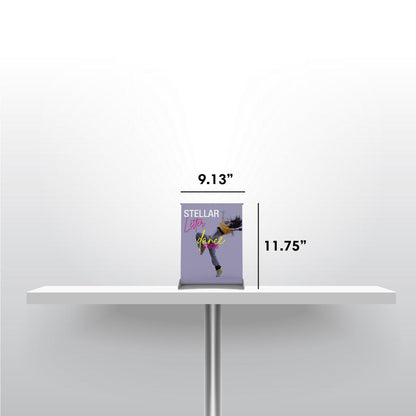 Compact tabletop banner stand with dance studio graphic for trade shows and special events