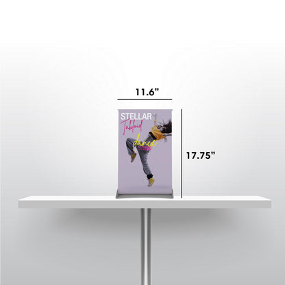 Compact tabletop banner stand with dynamic dance studio graphic for trade shows and events