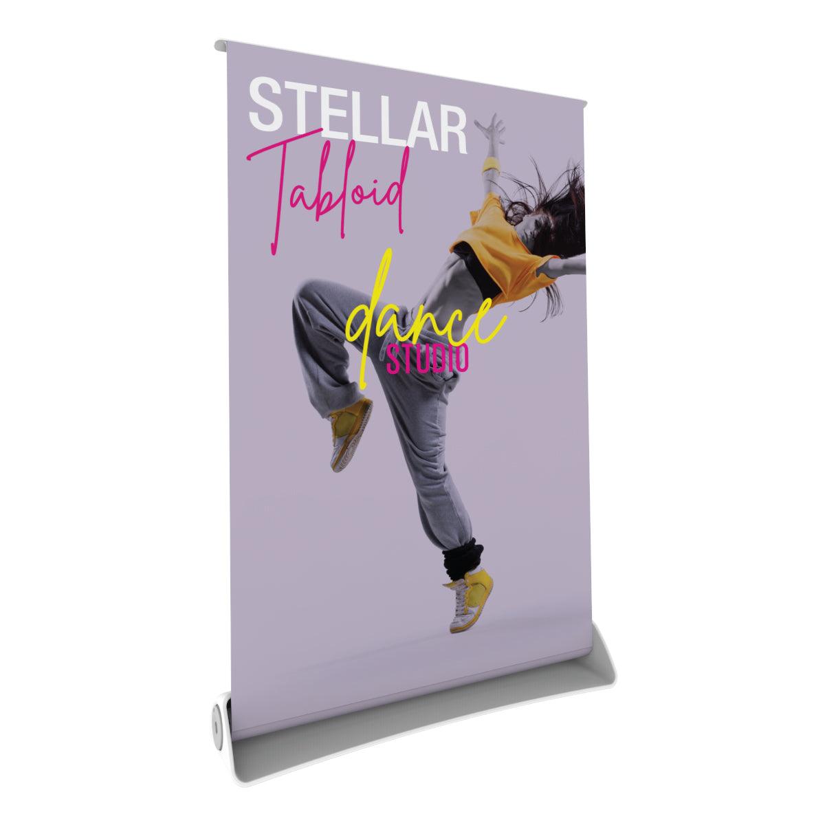Retractable tabletop banner stand with dance studio graphic, ideal for trade shows and exhibitions
