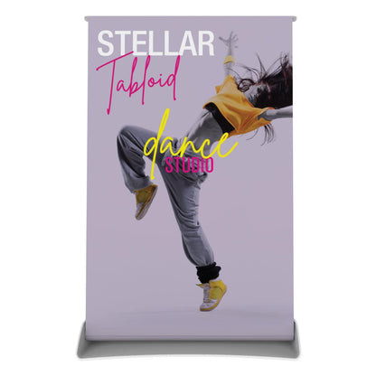 Retractable tabletop banner stand featuring dynamic dance studio promotion for trade shows and exhibitions