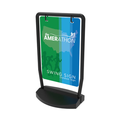 Swing sign stand with hanging outdoor sign for trade shows and special events