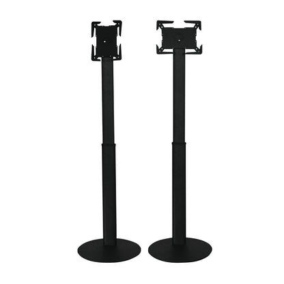 Adjustable tablet holder stands with secure grips for trade shows and exhibition displays