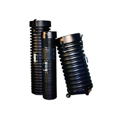 Three durable tube shipping cases with handles and wheels for trade shows and exhibitions