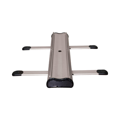 Retractable banner stand base with extendable support bars for trade shows and exhibitions