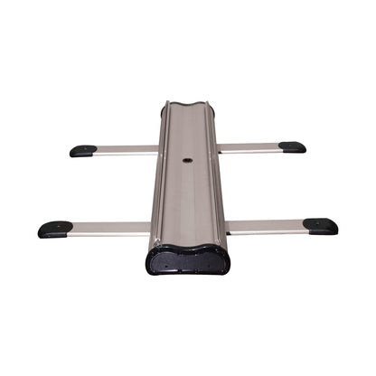 Retractable banner stand base with extendable support bars for trade shows and exhibitions