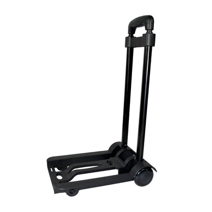 Compact foldable trolley with extendable handle for easy transport at trade shows and exhibitions