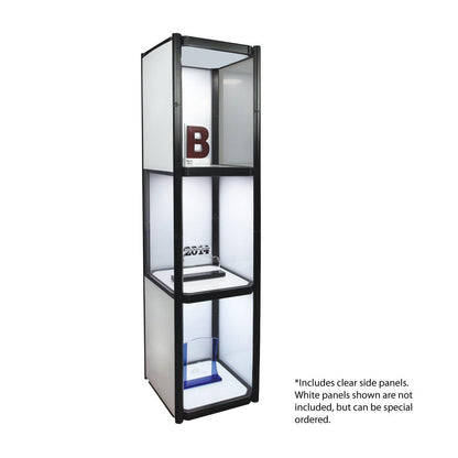 Portable 3-shelf display cabinet with clear panels showcasing awards for trade shows and exhibitions