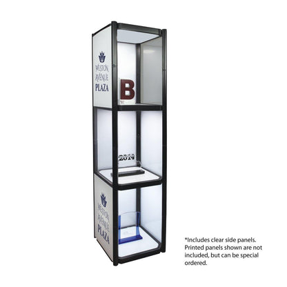 Three-shelf portable display cabinet with transparent side panels for trade shows and special events