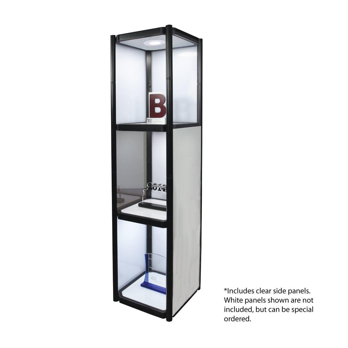 Portable three-shelf display cabinet with interior lighting for trade shows and exhibitions