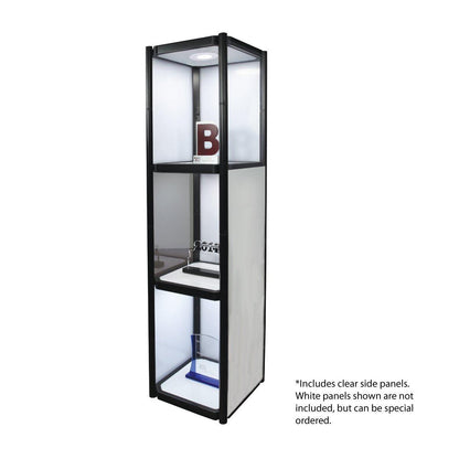 Portable three-shelf display cabinet with interior lighting for trade shows and exhibitions
