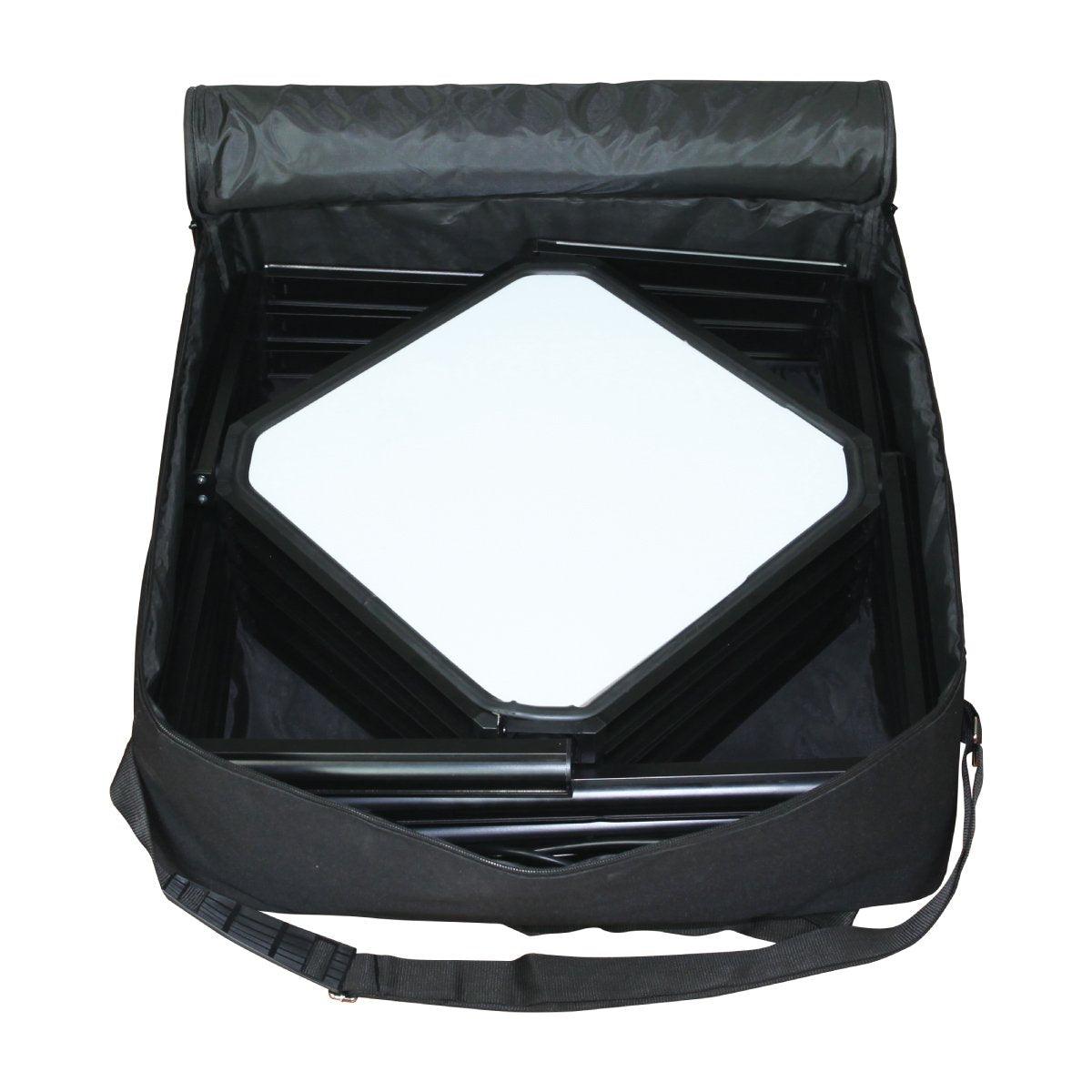 Portable display case with folded shelves for easy transport to trade shows and exhibitions