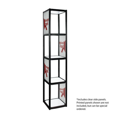 Portable four-shelf display cabinet with clear side panels for trade shows and exhibitions