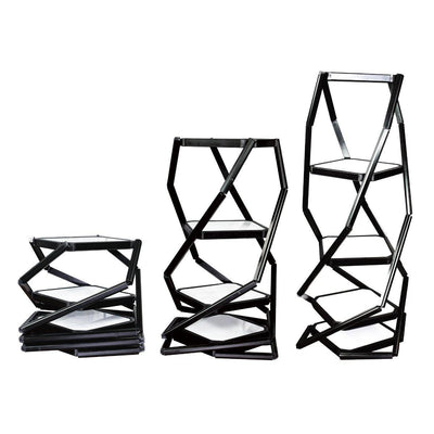 Portable 4-shelf display cabinet in three folding stages for trade shows and exhibitions