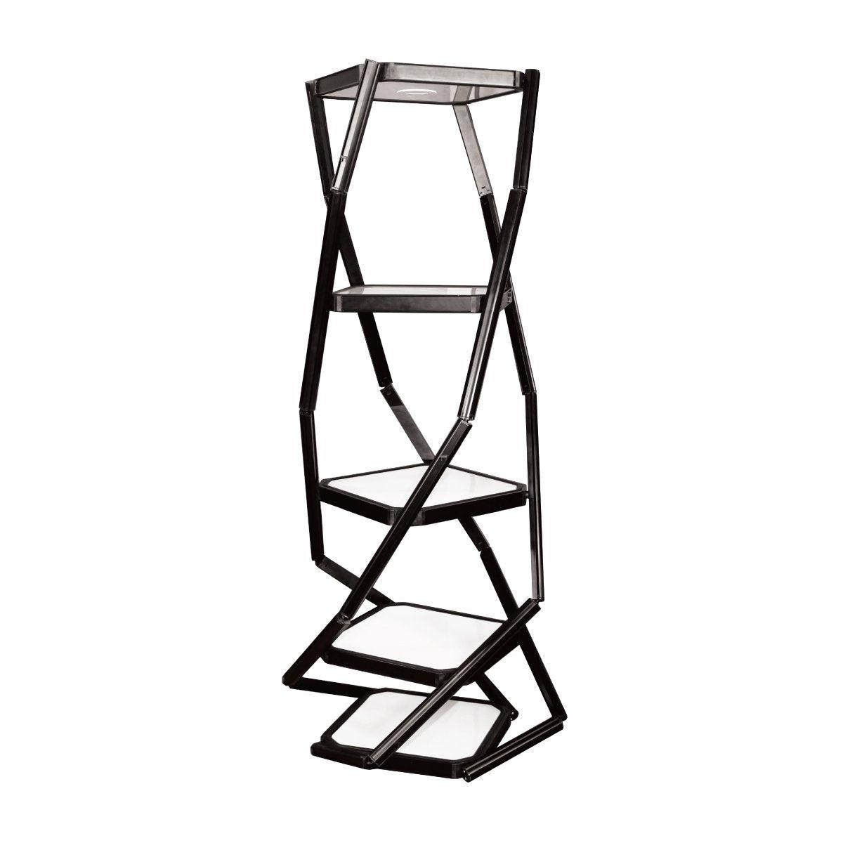 Portable four-shelf display cabinet with geometric frame for trade shows and exhibitions