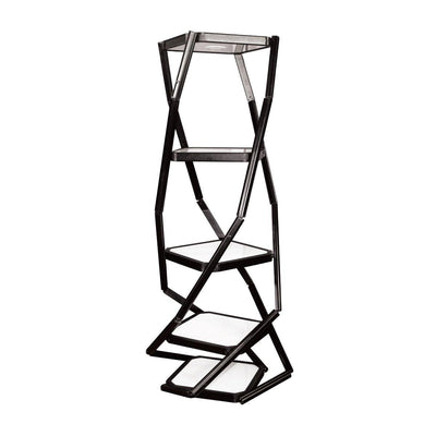 Portable four-shelf display cabinet with geometric frame for trade shows and exhibitions