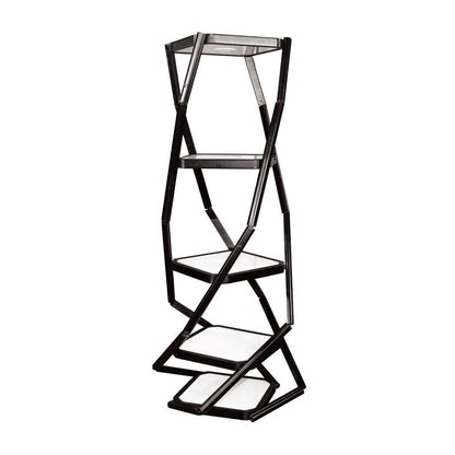 Portable four-shelf display cabinet with geometric frame for trade shows and exhibitions