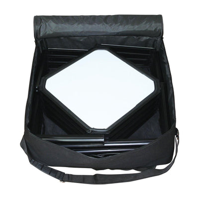 Folded portable 4-shelf display cabinet frame packed in carrying bag for trade shows and exhibitions