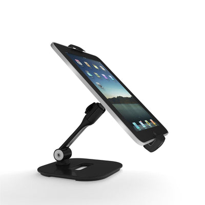 Adjustable tabletop tablet holder displaying device at trade shows and special events