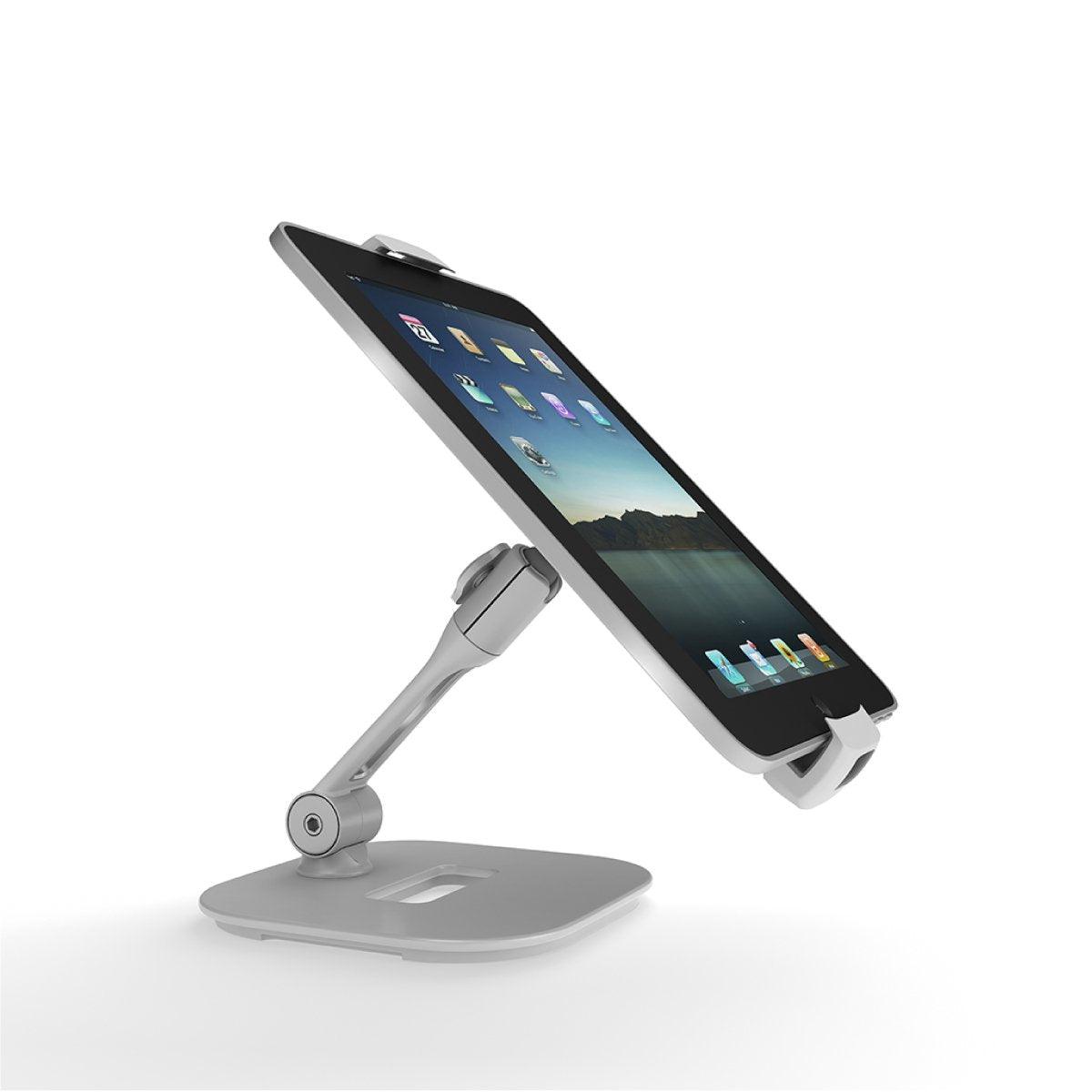 Adjustable tabletop tablet holder stand for hands-free use at trade shows and exhibitions