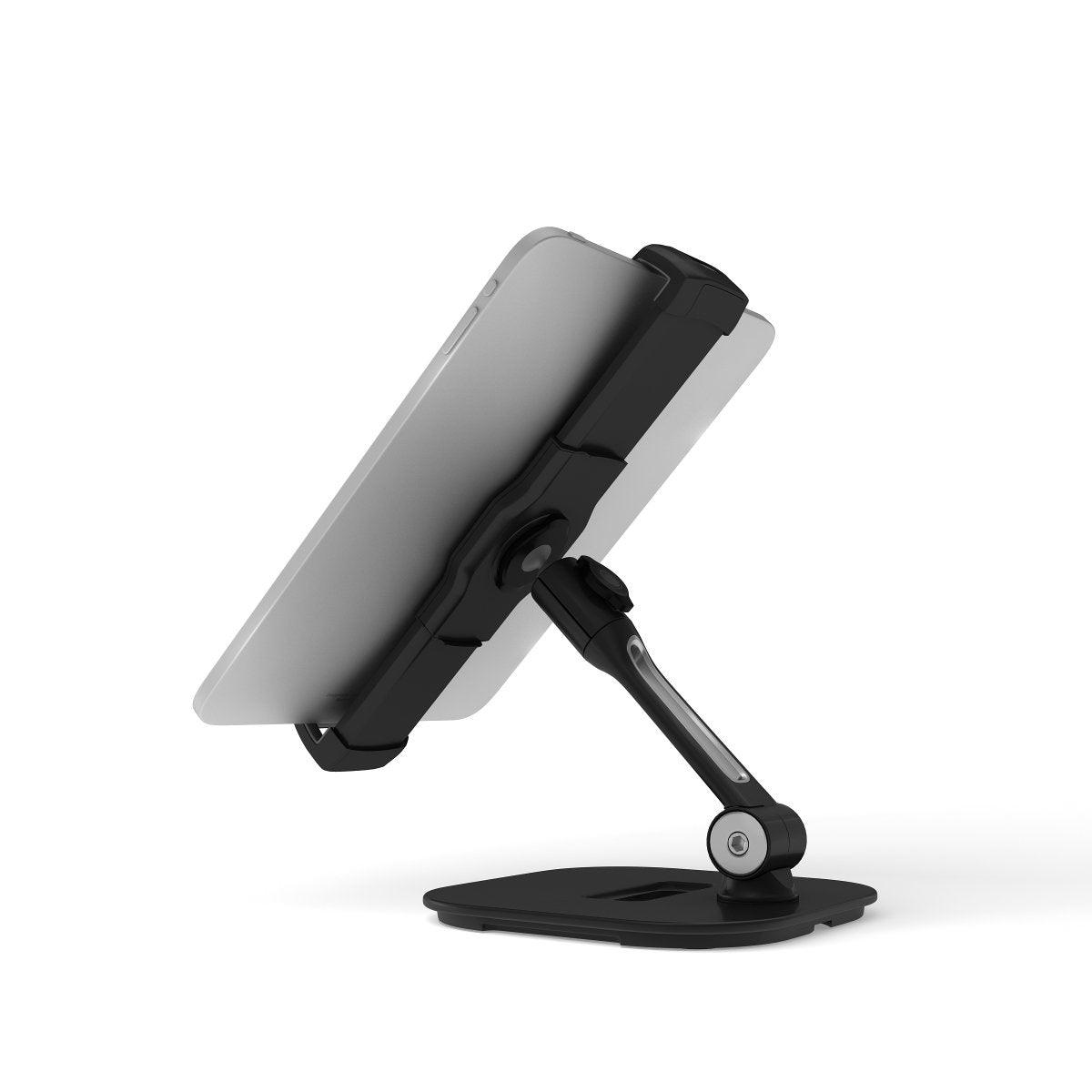 Adjustable tabletop tablet holder for trade shows and exhibitions with secure device clamp