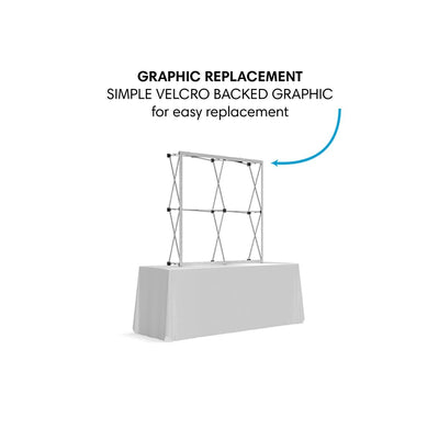 Trade show tabletop display kit with simple velcro-backed graphic frame for exhibitions and events
