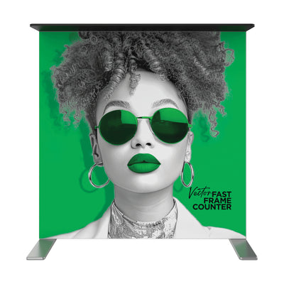 Trade show counter with large graphic backdrop featuring stylized portrait, ideal for exhibitions and events