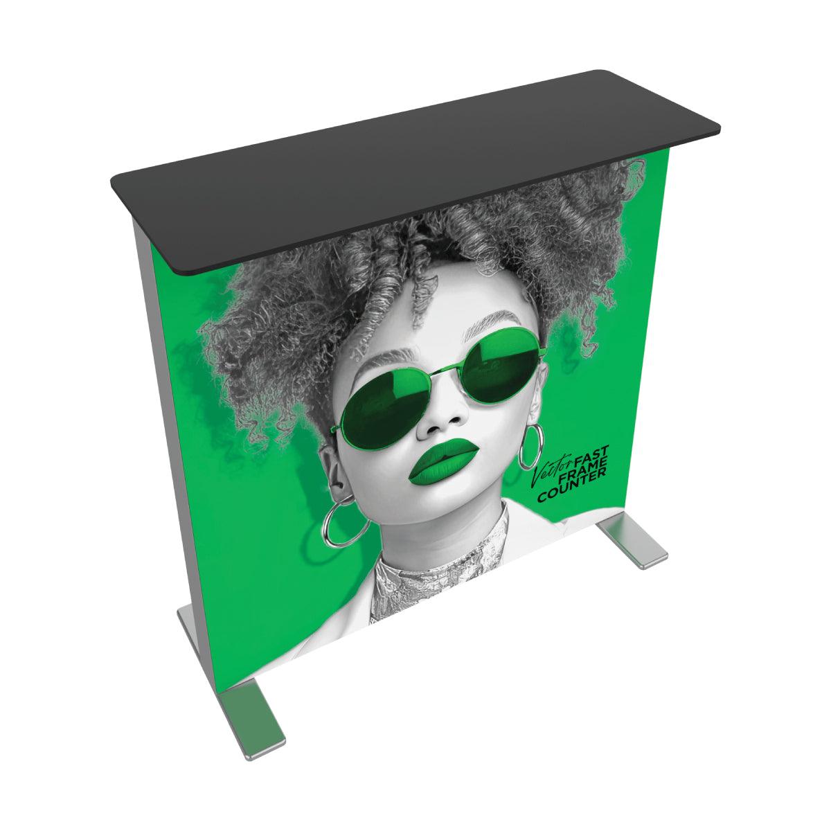 Trade show counter with graphic panel featuring stylish woman illustration for exhibitions and events