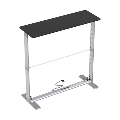 Portable trade show counter with metal frame and black tabletop for exhibitions and special events