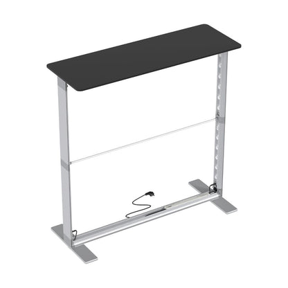 Portable trade show counter with metal frame and black tabletop for exhibitions and special events