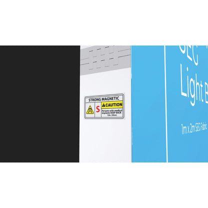 Close-up of magnetic frame corner with caution label for trade show and exhibition display