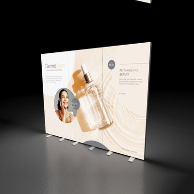 Large trade show display panel featuring anti-ageing serum promotion with product image and smiling woman