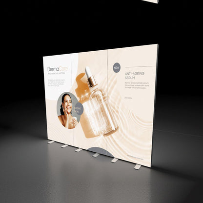 Large trade show display panel featuring anti-ageing serum promotion with product image and smiling woman