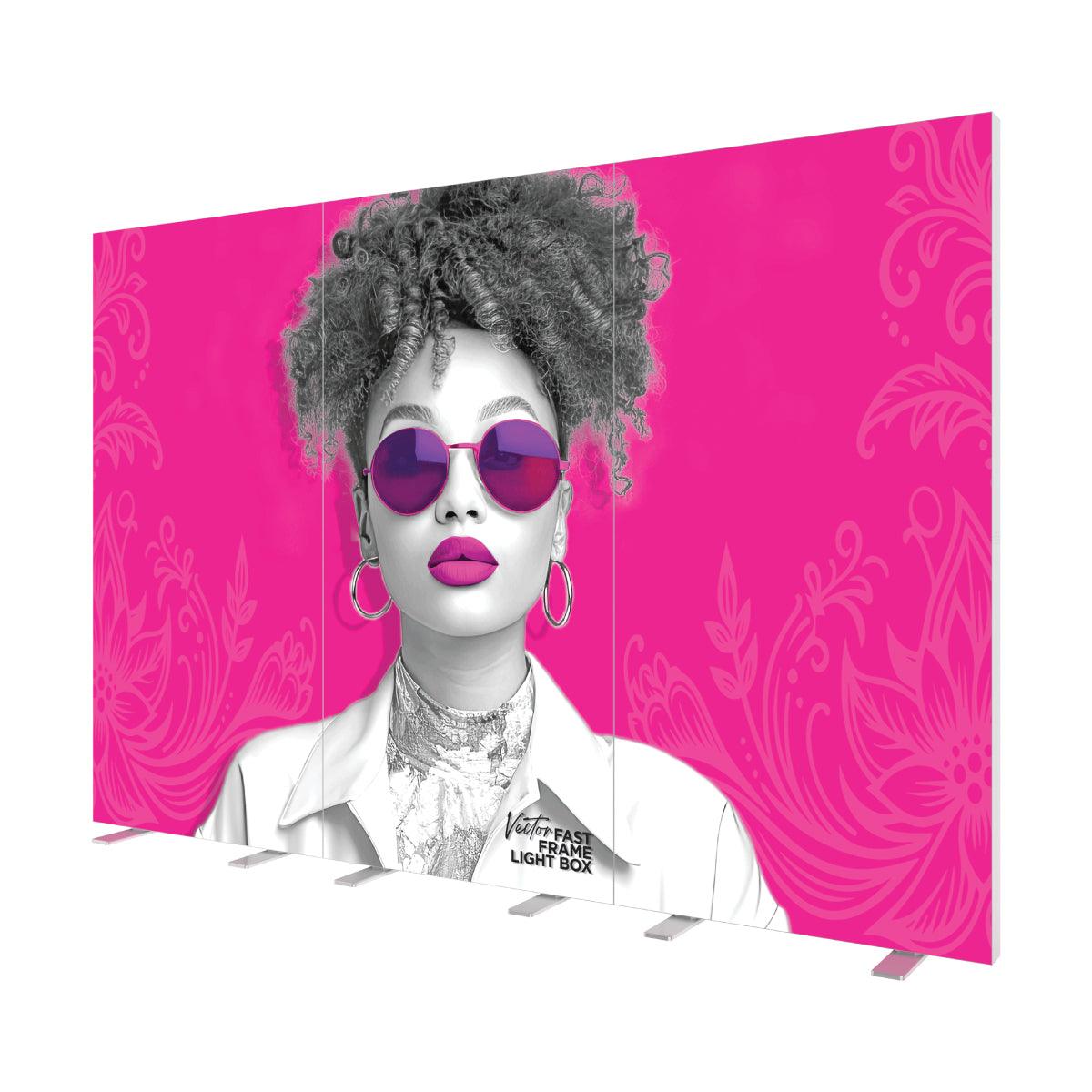 Large trade show light box display featuring a stylized woman with sunglasses and decorative floral background