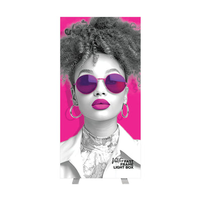 Large illuminated light box display featuring stylish portrait for trade shows and exhibitions