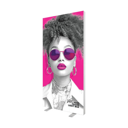 Tall fabric light box display featuring stylish woman portrait for trade shows and special events