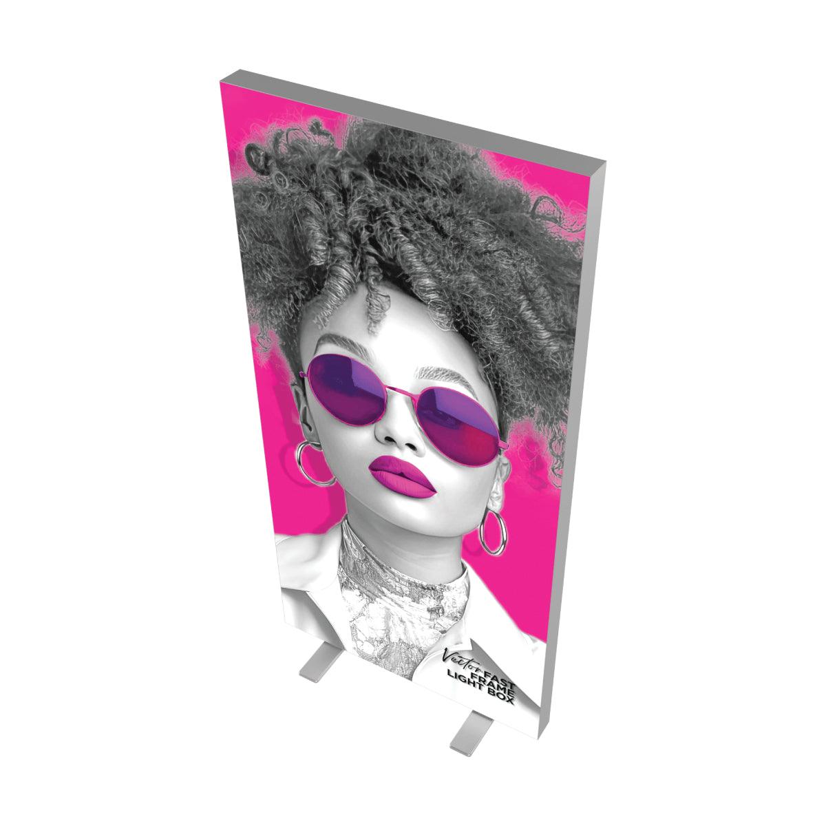 Freestanding lightbox display featuring graphic portrait for trade shows and exhibitions