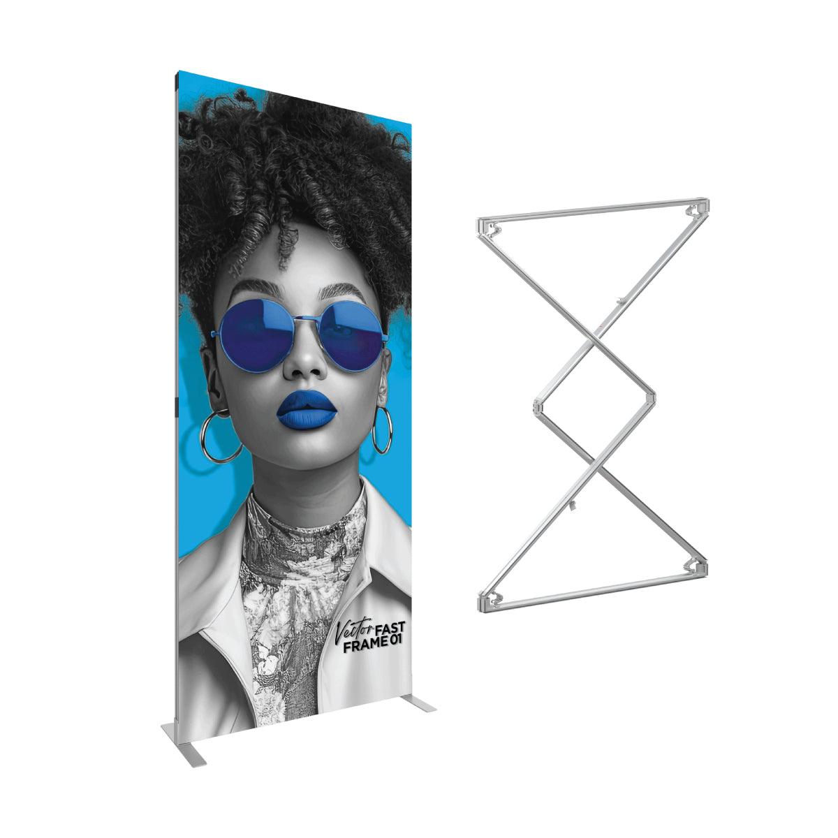 Freestanding graphic banner with stylish portrait and collapsible frame for trade shows and events