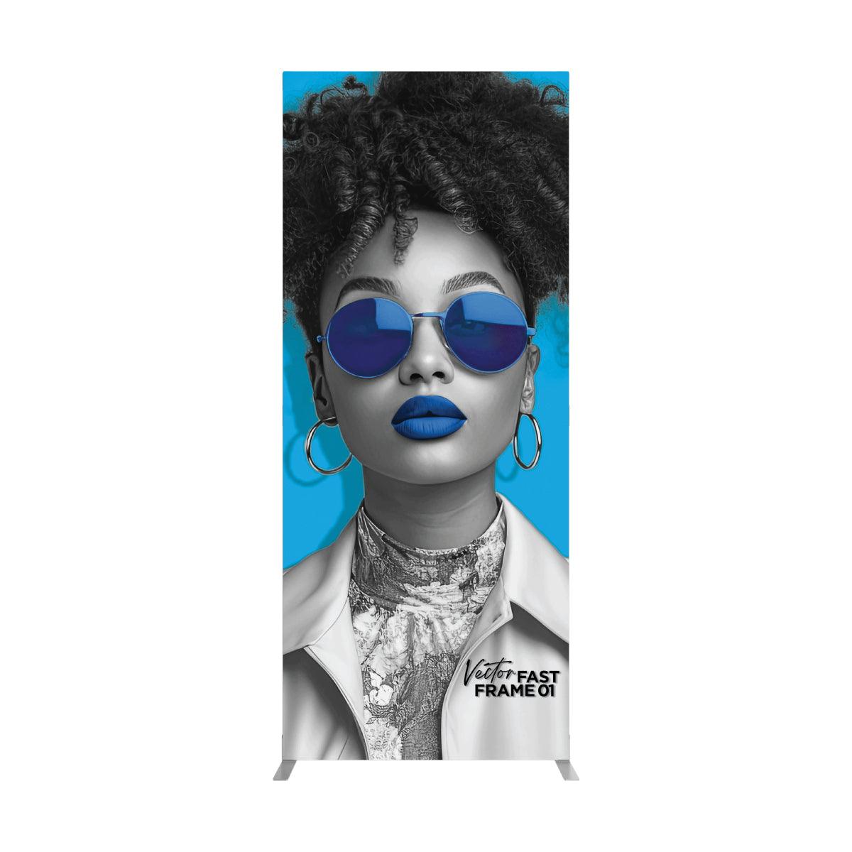 Vertical trade show banner featuring a stylish woman with sunglasses and hoop earrings for exhibitions