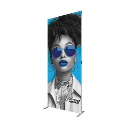 Tall trade show display banner featuring stylish woman with sunglasses and hoop earrings