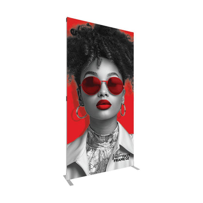 Freestanding large banner display featuring a stylish woman graphic for trade shows and exhibitions