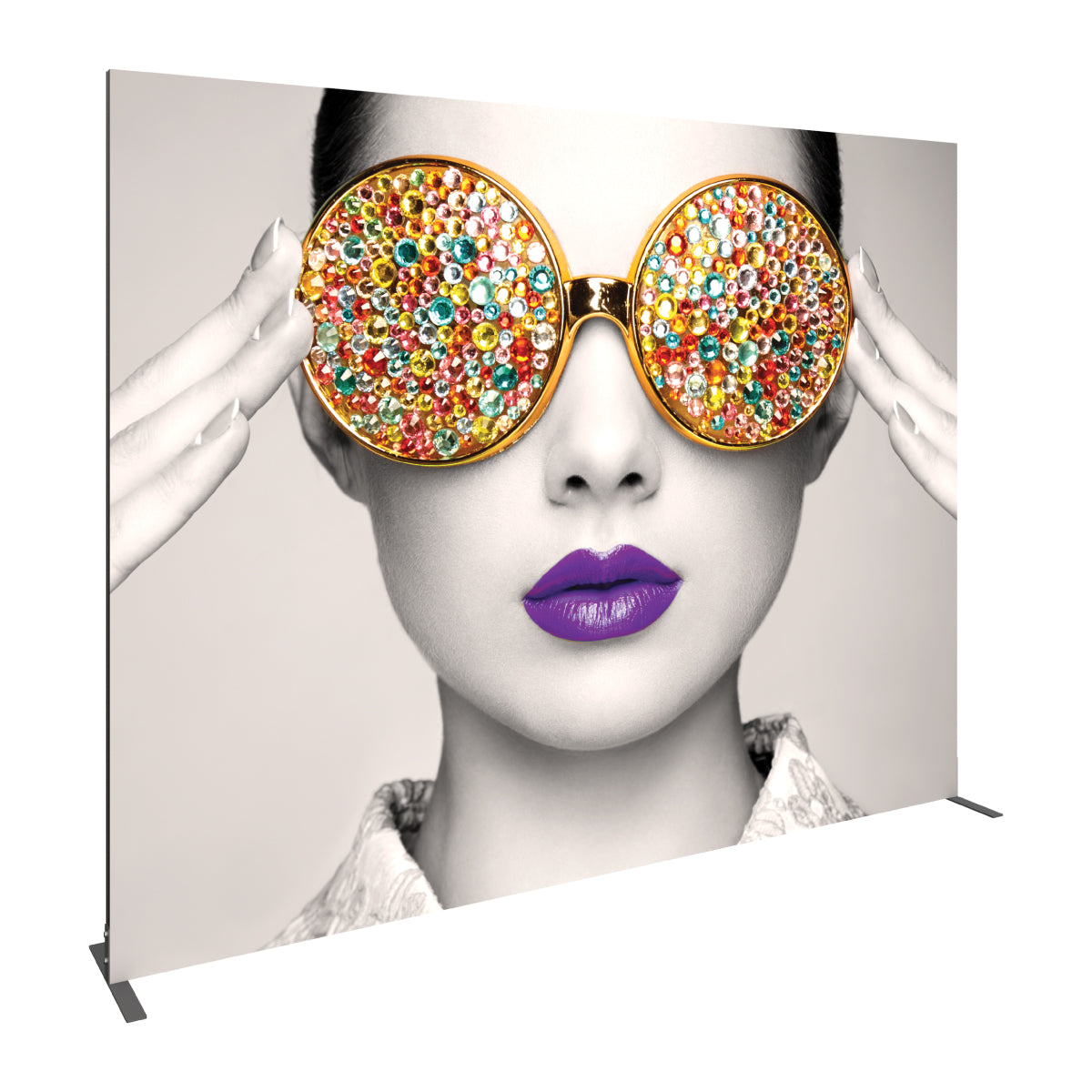 Large graphic display featuring a close-up portrait of a woman with embellished oversized glasses and vibrant lips, ideal for trade shows and exhibitions