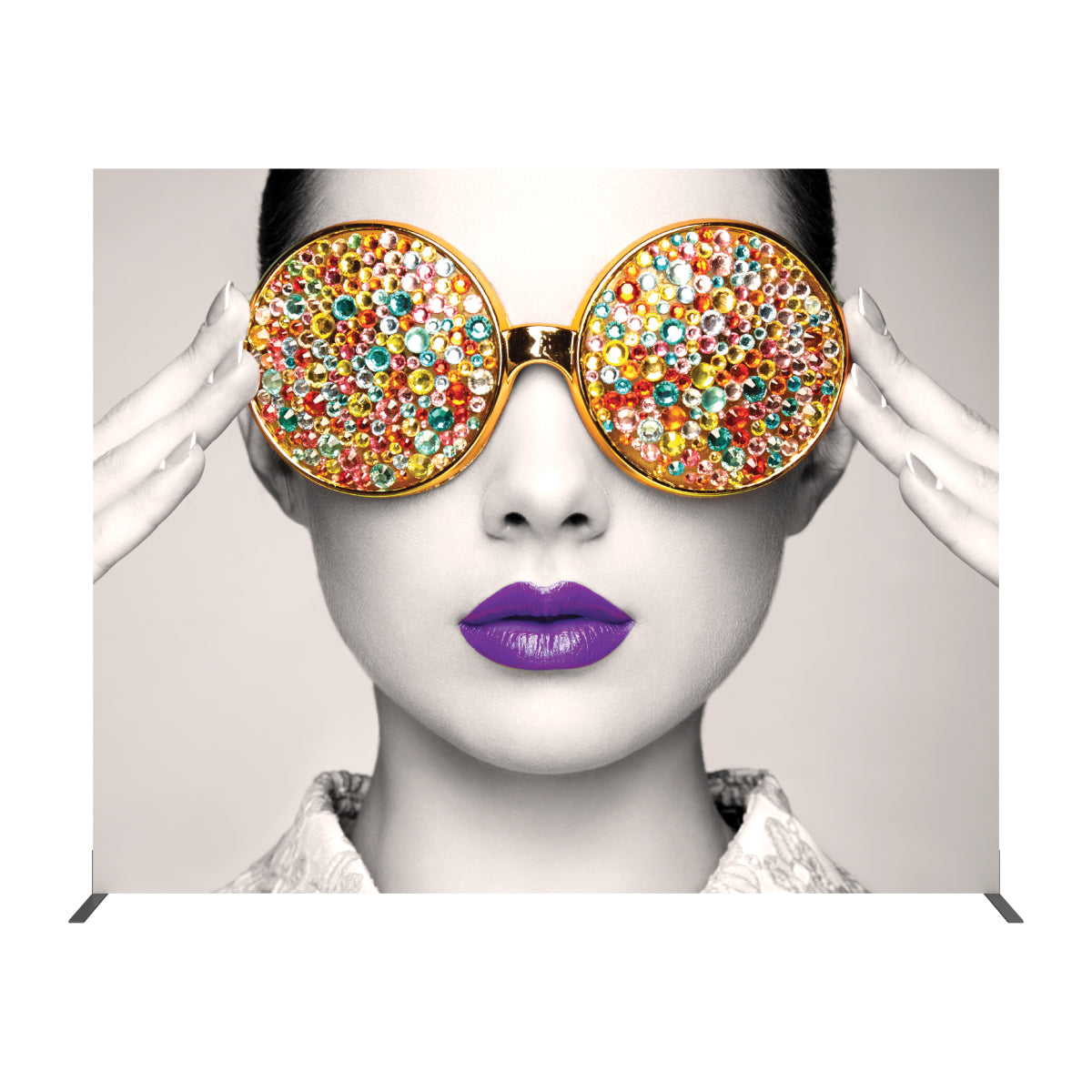 Trade show backdrop with artistic close-up of a woman's face wearing embellished round glasses for exhibitions and events