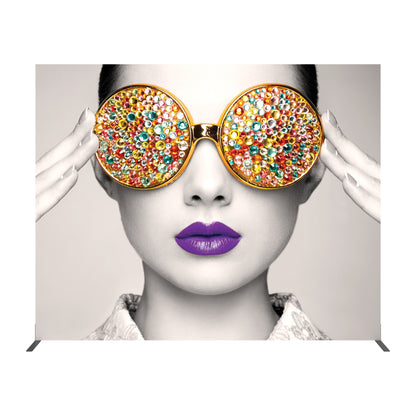 Trade show backdrop with artistic close-up of a woman's face wearing embellished round glasses for exhibitions and events