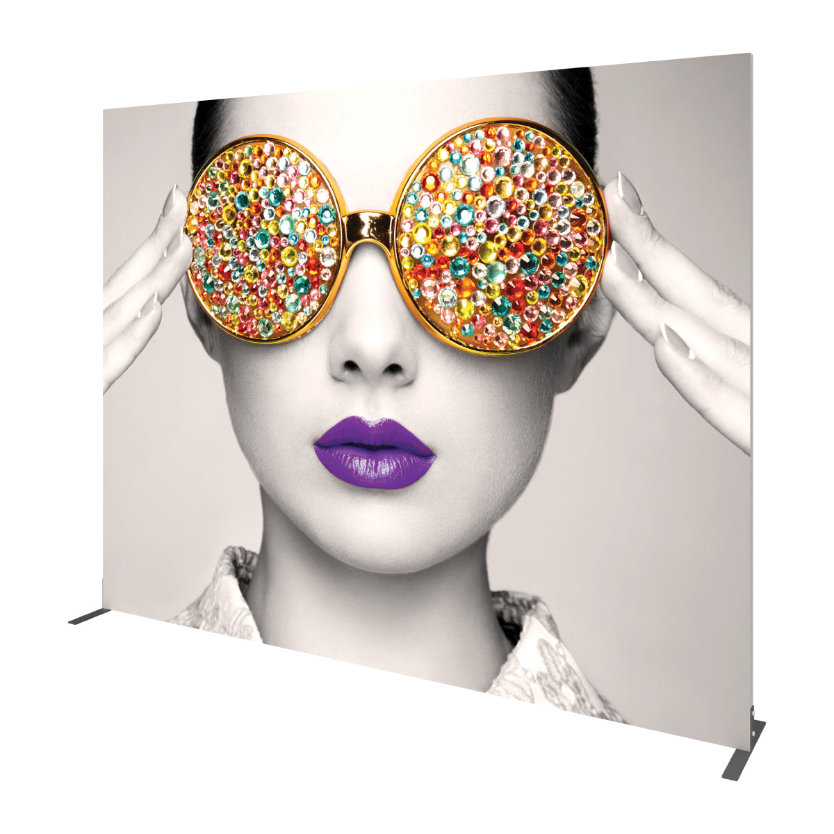 Large fabric display frame featuring close-up photo with embellished oversized sunglasses for trade shows and exhibitions