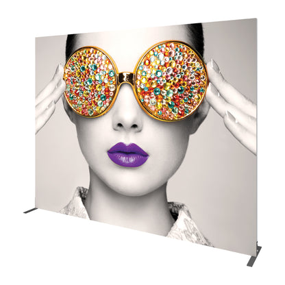 Large fabric display frame featuring close-up photo with embellished oversized sunglasses for trade shows and exhibitions