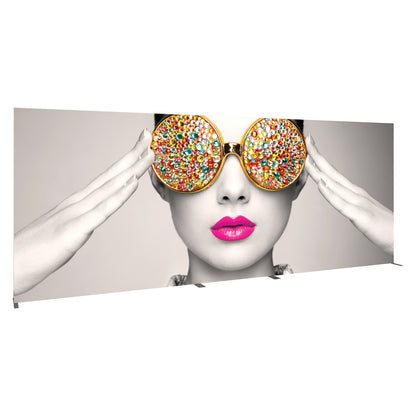 Large exhibition backdrop featuring close-up of woman with decorative round glasses and bright lipstick for trade shows
