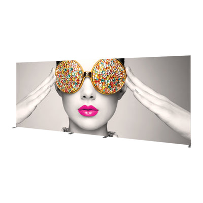 Large trade show display with stylish woman wearing bejeweled sunglasses and bright lipstick