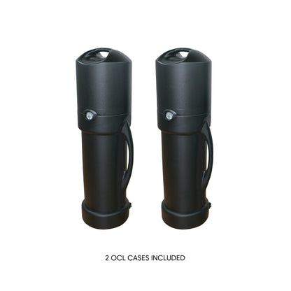 Pair of durable cylindrical carrying cases with handles for trade shows and exhibitions