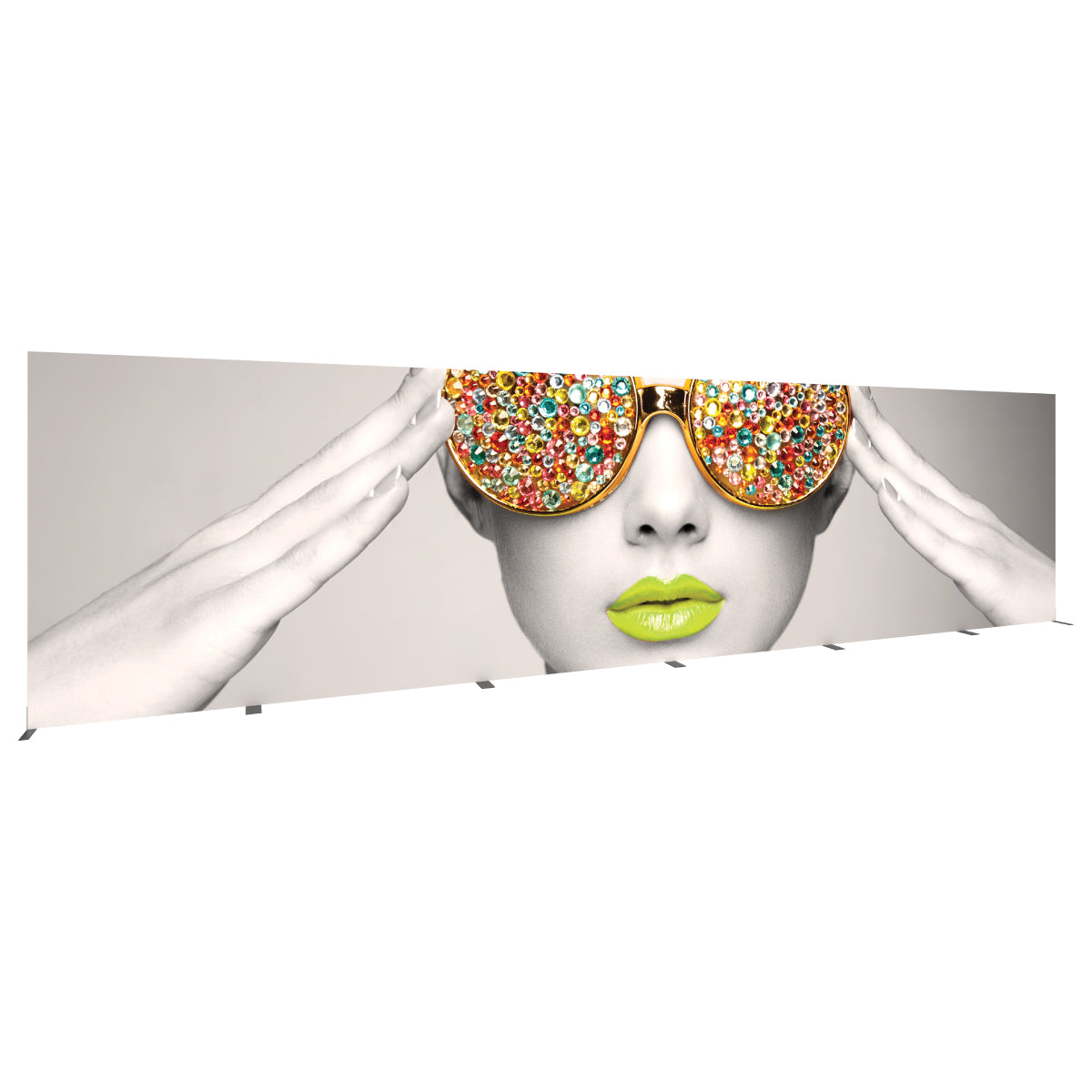 Large trade show banner featuring close-up face with jeweled sunglasses and bright lips
